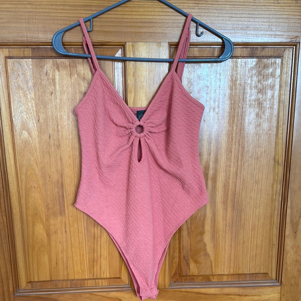 Target Pink Bodysuit with V-Neckline and Tie Detail